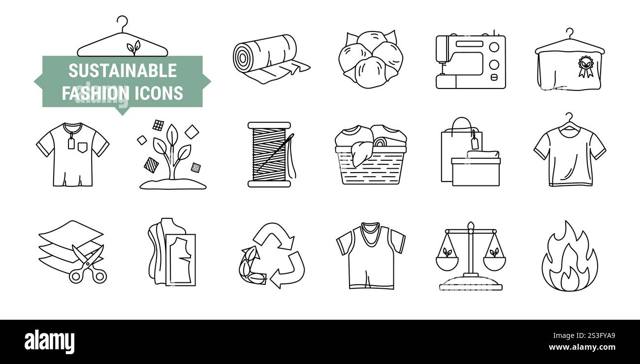 Set di icone circolari per l'economia della moda. Ciclo di vita del prodotto dalle materie prime alla produzione, al consumo, al riutilizzo, al riutilizzo, al riutilizzo, al downcycle e al riciclaggio. S Illustrazione Vettoriale