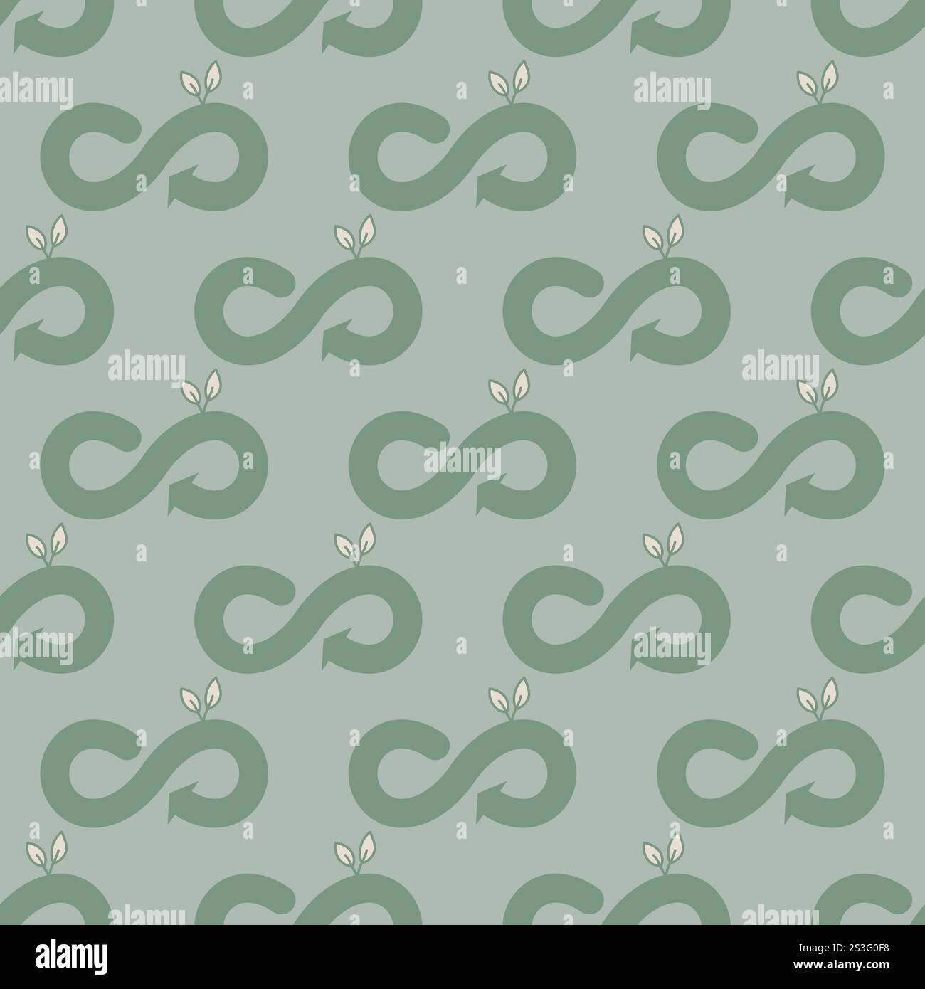 Modello di moda sostenibile senza interruzioni. Icone verdi con simbolo infinito eco. Disegno vettoriale pastello. Illustrazione Vettoriale