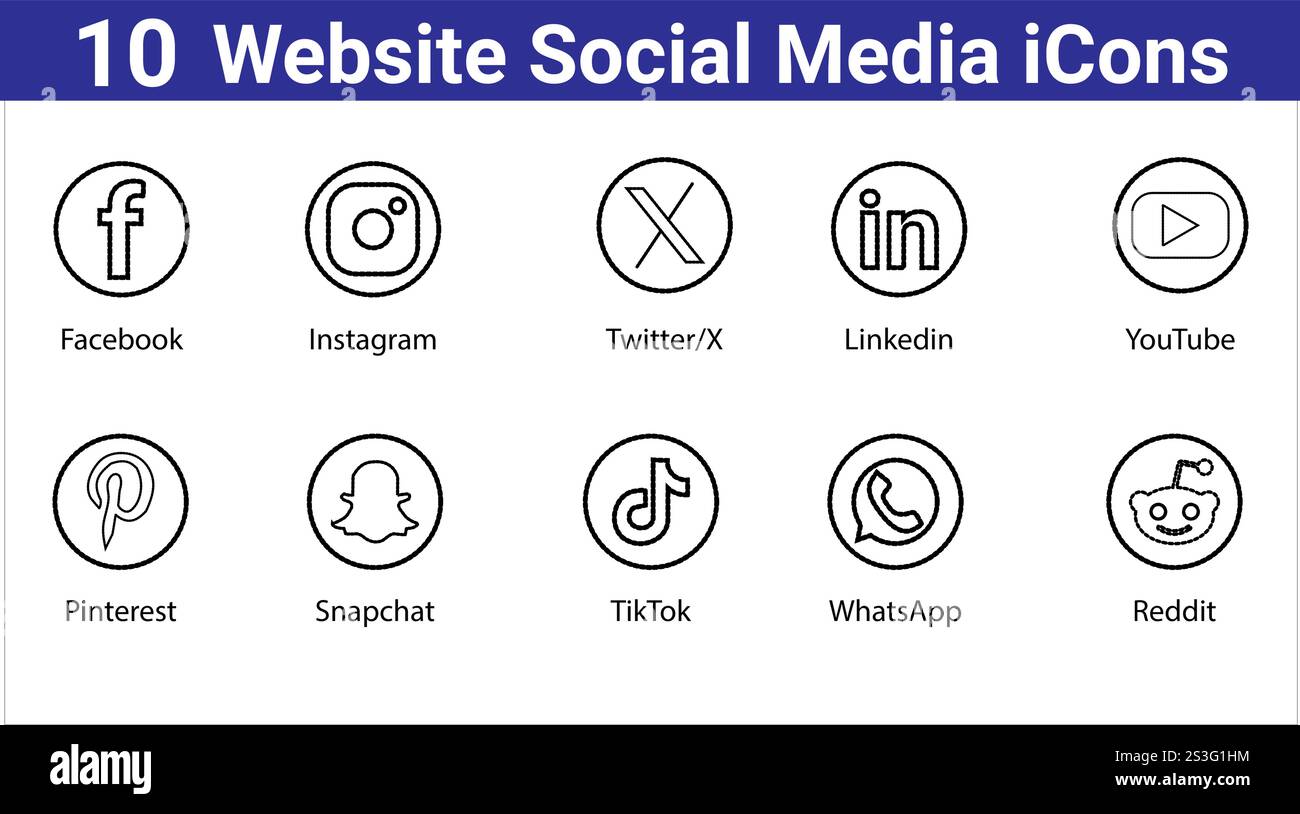 set di 10 icone dei social media del sito web Illustrazione Vettoriale