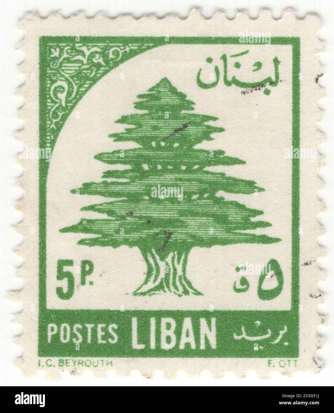 LIBANO - 1955 settembre 1: Francobollo verde piaster 5 raffigurante Cedro del Libano, simbolo Paese. Cedrus libani, comunemente noto come cedro del Libano, o cedro libanese, è una specie di albero del genere Cedrus, una parte della famiglia dei pini, originaria delle montagne del bacino del Mediterraneo orientale. Si tratta di una grande conifera sempreverde che ha un grande significato religioso e storico nelle culture del Medio Oriente, ed è citata molte volte nella letteratura delle civiltà antiche. È l'emblema nazionale del Libano ed è ampiamente usato come albero ornamentale nei parchi e nei giardini Foto Stock