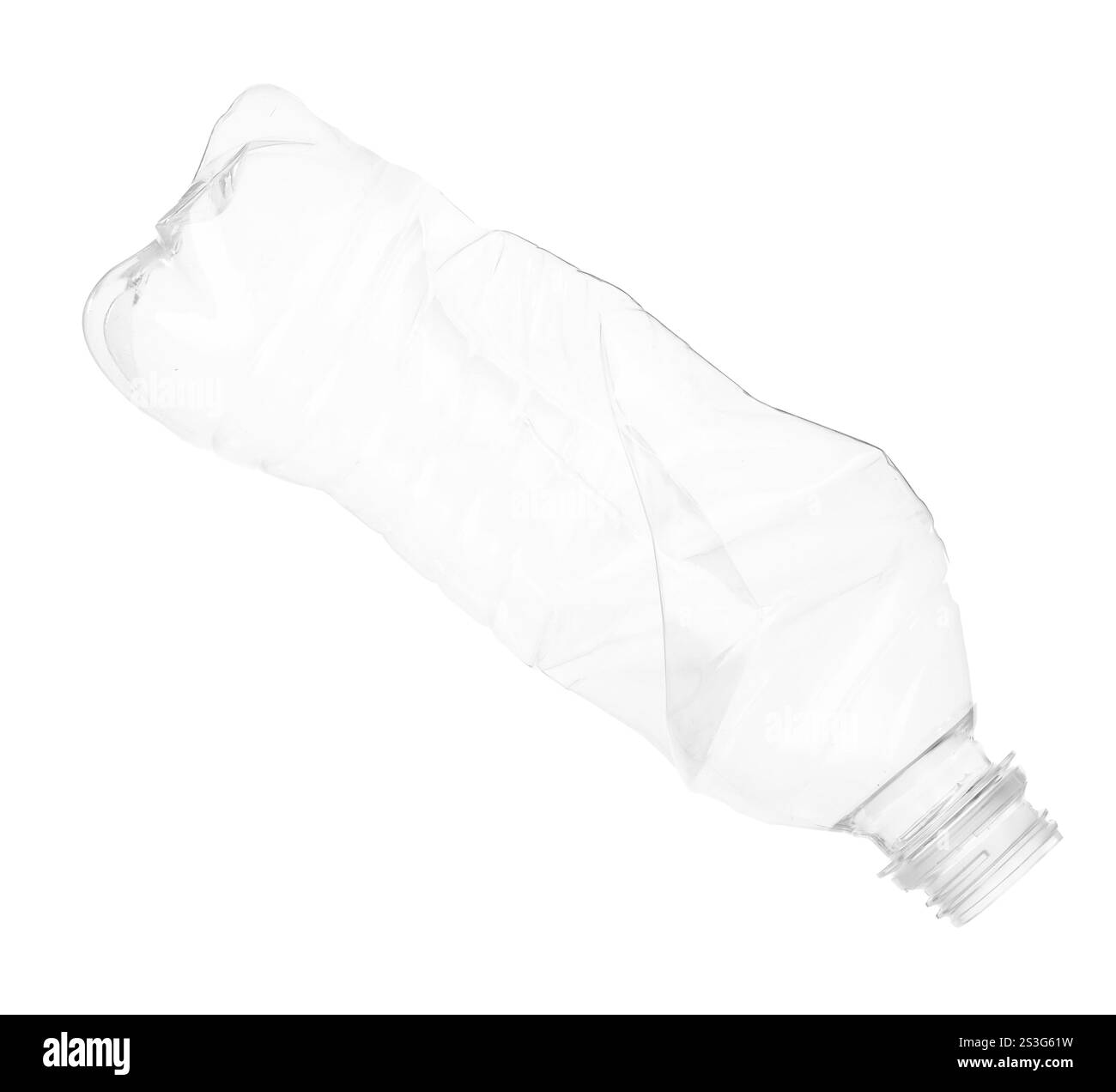 Un flacone di plastica deformato isolato su bianco Foto Stock