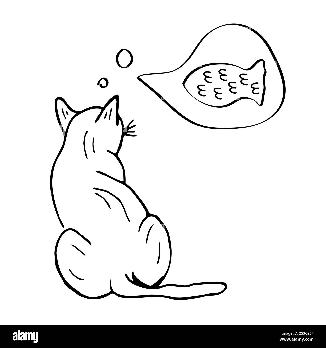 Un gatto affamato sta pensando al pesce. Illustrazione vettoriale, sagoma sagomata disegnata a mano di un gatto. Il concetto di un rifugio per animali, cibo per gatti, un disegno con un posto per il testo. Illustrazione Vettoriale