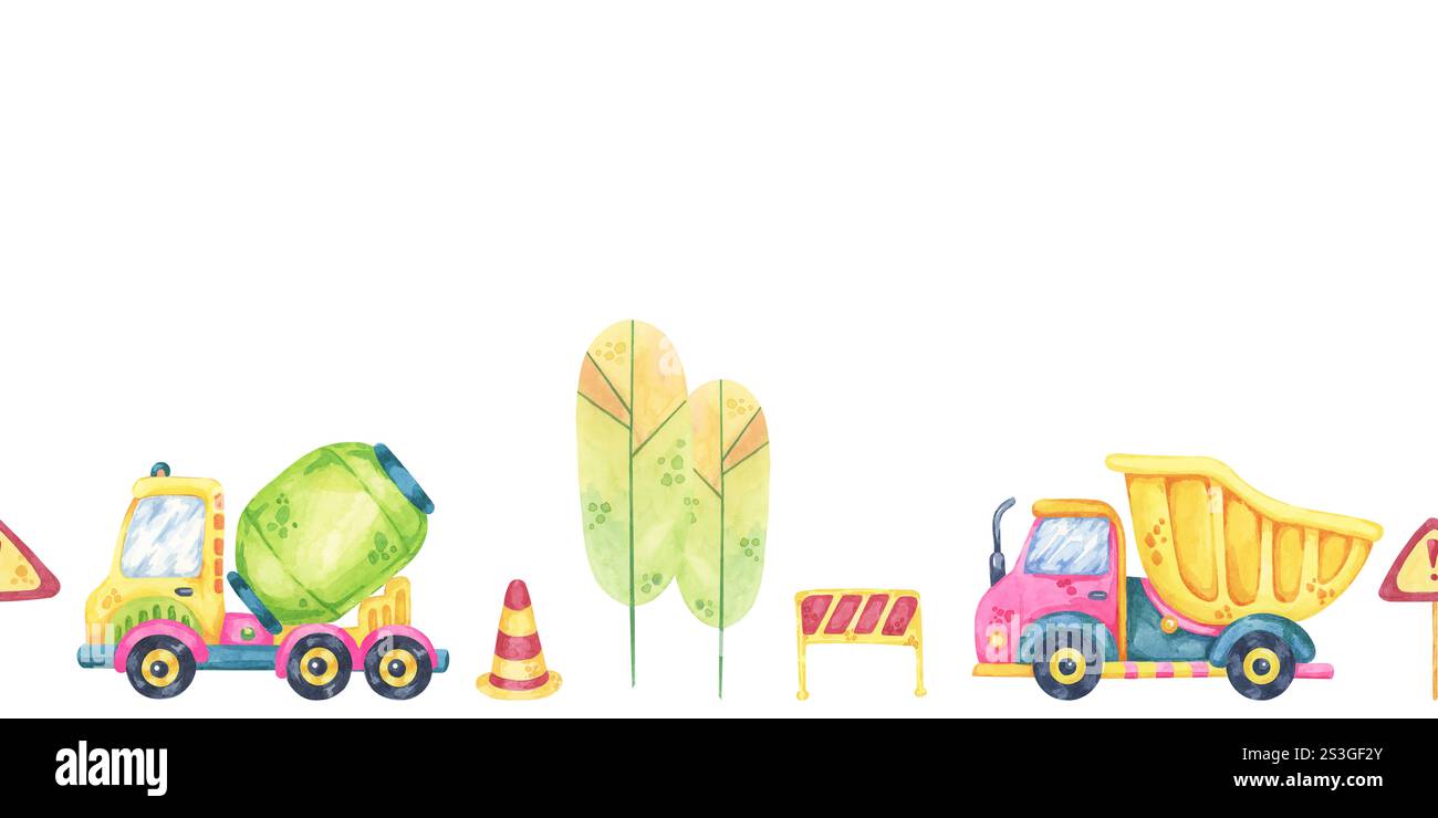 Betoniere, coni stradali e dumper. Cantiere senza cuciture, giocattoli acquerello clipart. Illustrazione versatile per layout di album, strumenti didattici per bambini o carte artigianali Foto Stock