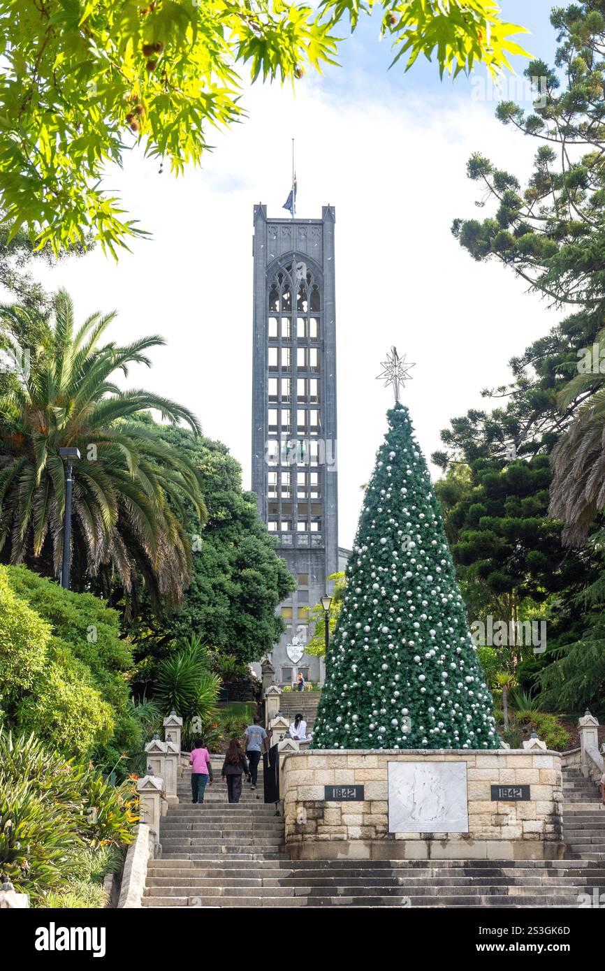 Christ Church e albero di Natale da Trafalgar Street, Nelson City (Whakatū), Nelson Region, nuova Zelanda Foto Stock