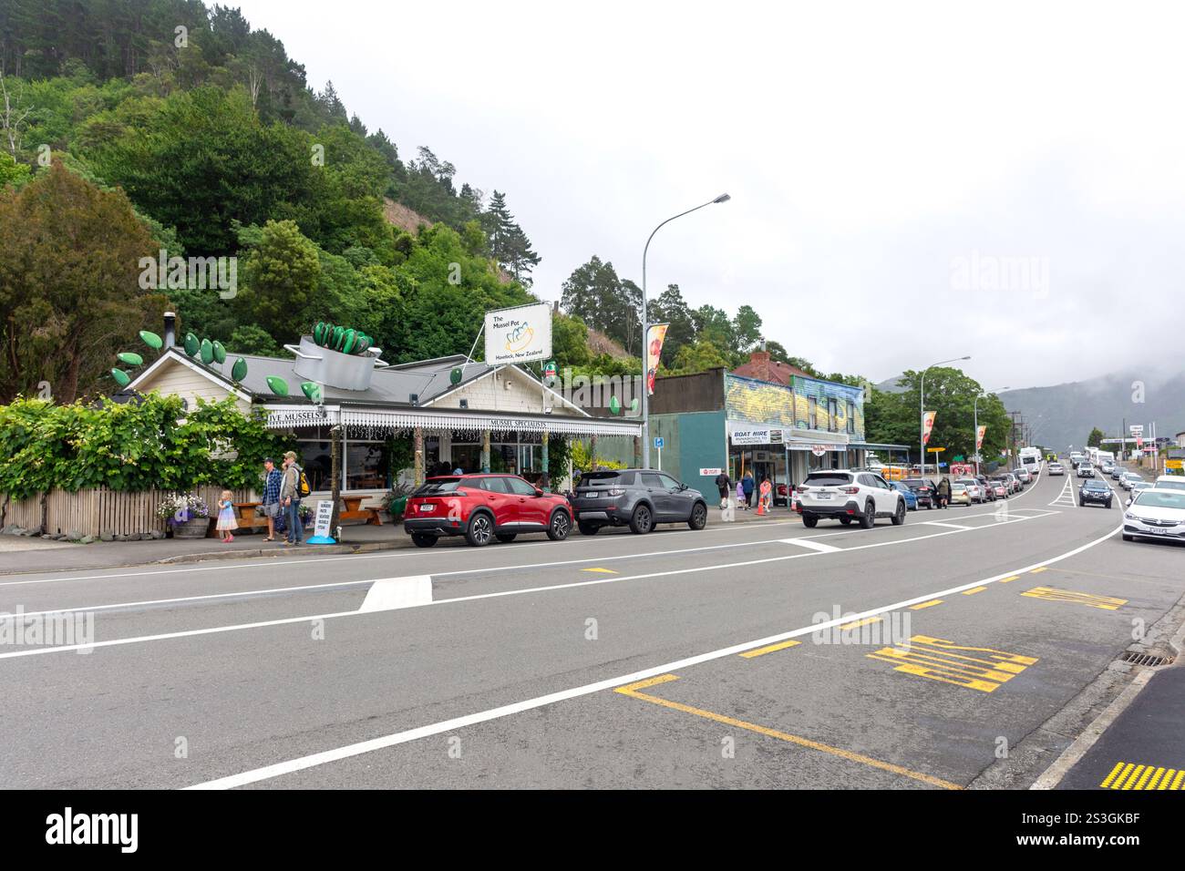 Strada principale, Havelock, regione di Marlborough, Isola del Sud, Nuova Zelanda Foto Stock