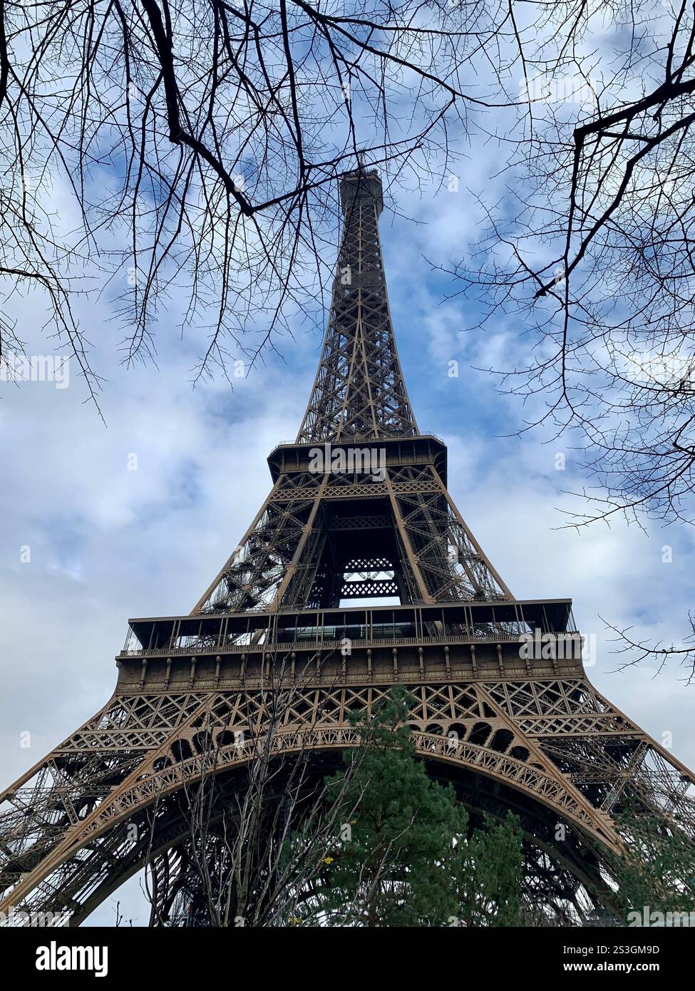 Prospettiva unica della Torre Eiffel con vegetazione lussureggiante in un giorno parzialmente nuvoloso Foto Stock