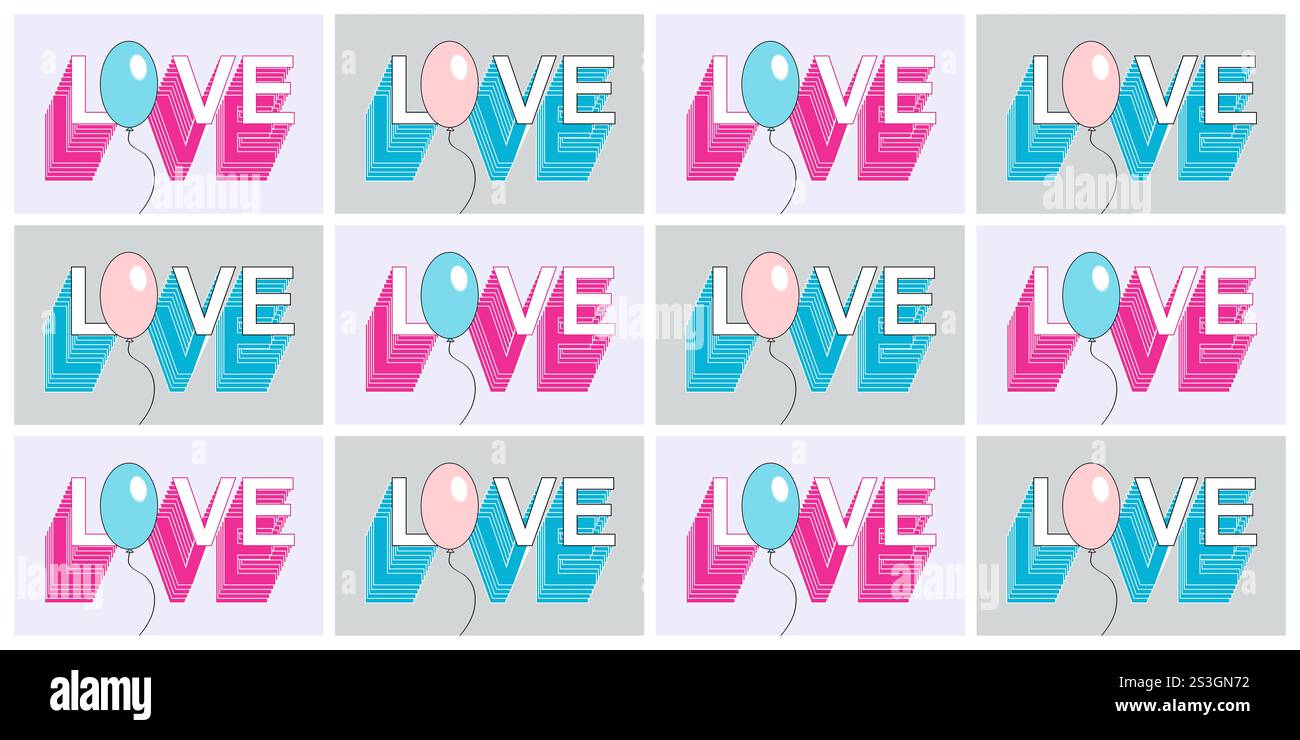 Ama parola, modelli di parole, isolamento, icona 3D, palloncini. Illustrazione pop art colorata. San Valentino, compleanno Foto Stock