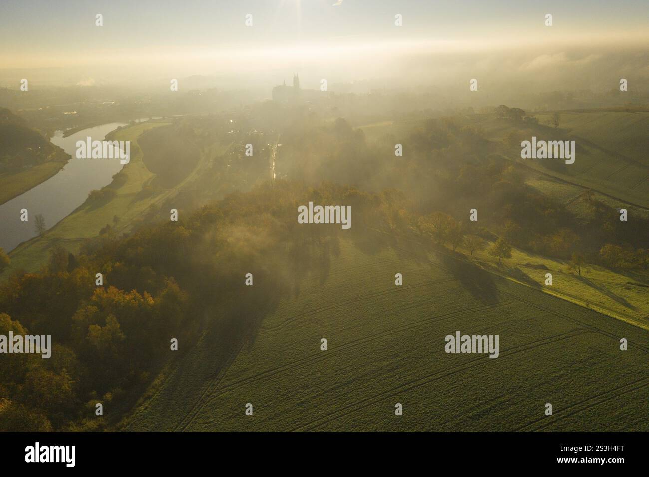 Vista aerea nella nebbia mattutina, valle dell'Elba con Albrechtsburg Meissen, Sassonia, Germania, Europa Foto Stock