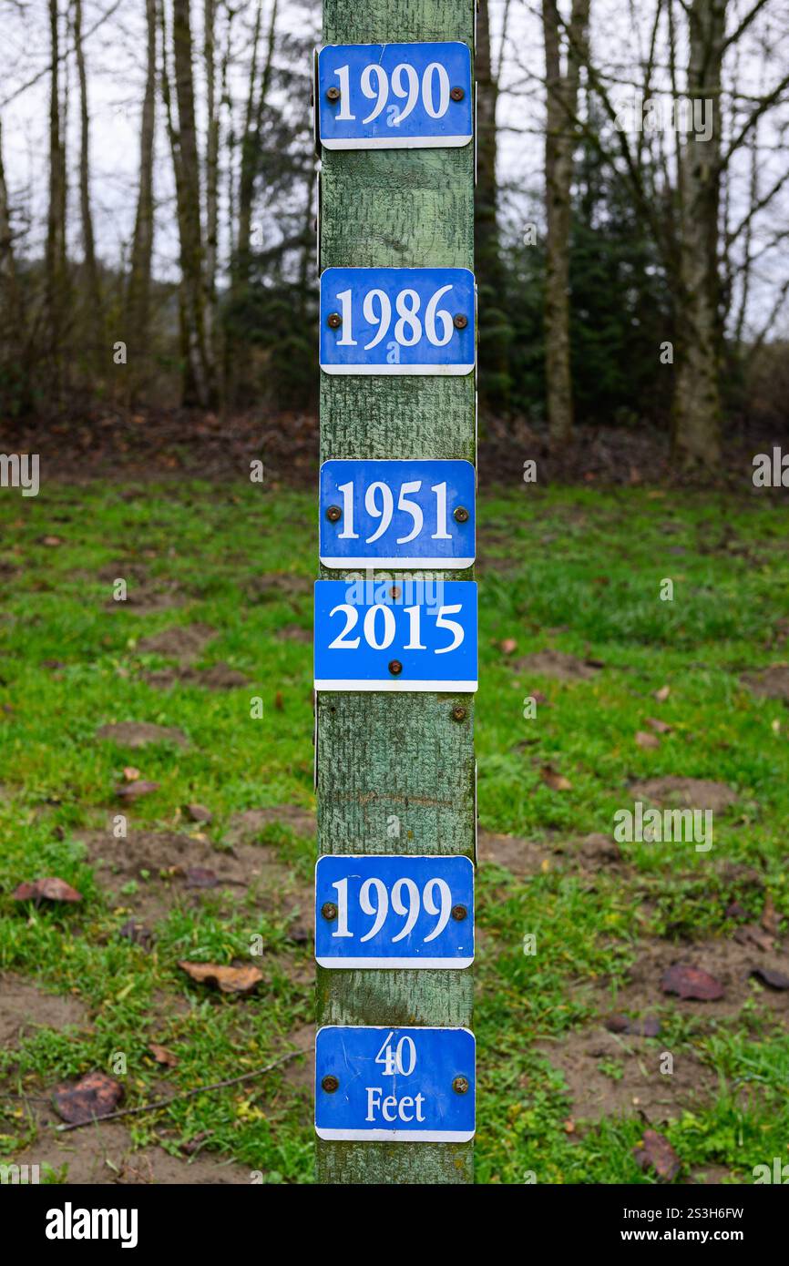 Duvall, Washington, USA - 2 gennaio 2025; indicatore di inondazione con livello del fiume a piedi nella città di Duvall Washington che mostra acqua alta per anno Foto Stock