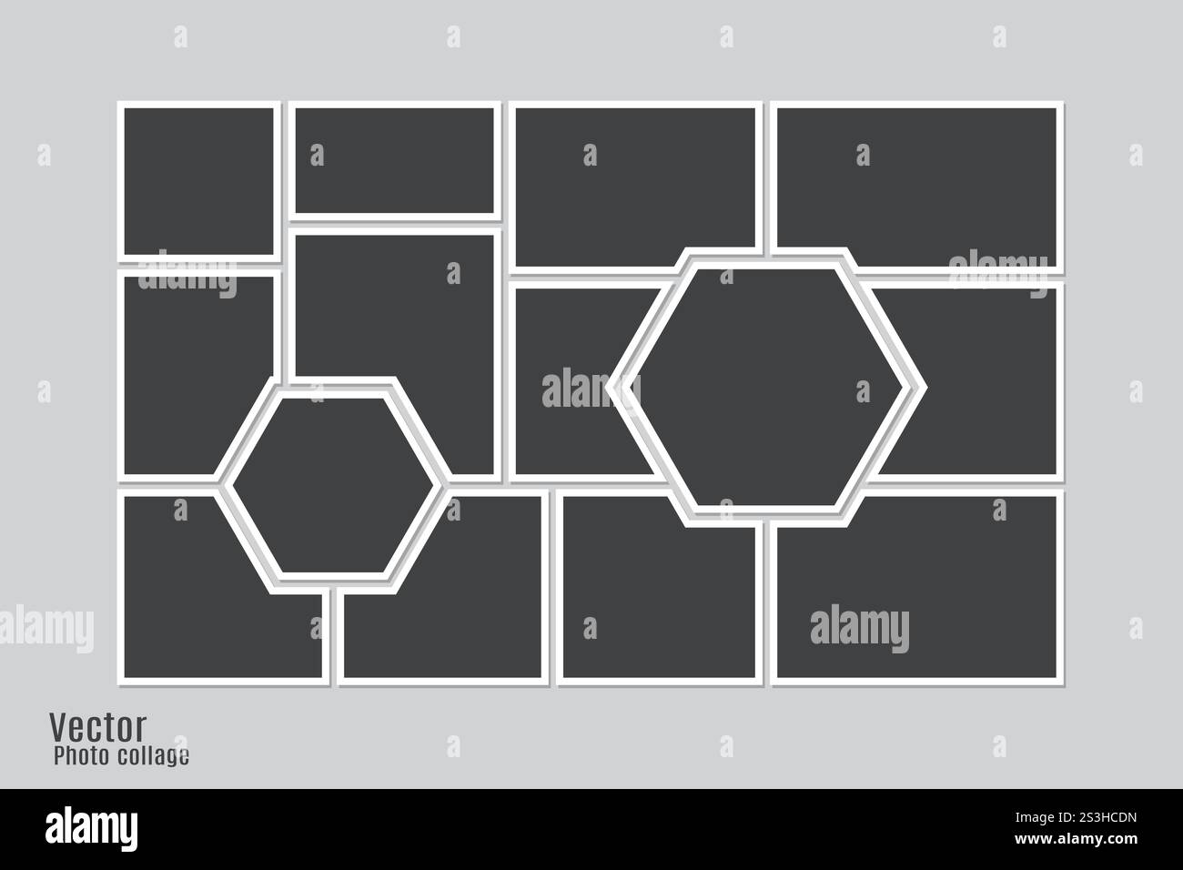 Modello di collage fotografico creativo con cornici vuote sovrapposte su sfondo blu per un design moderno Illustrazione Vettoriale