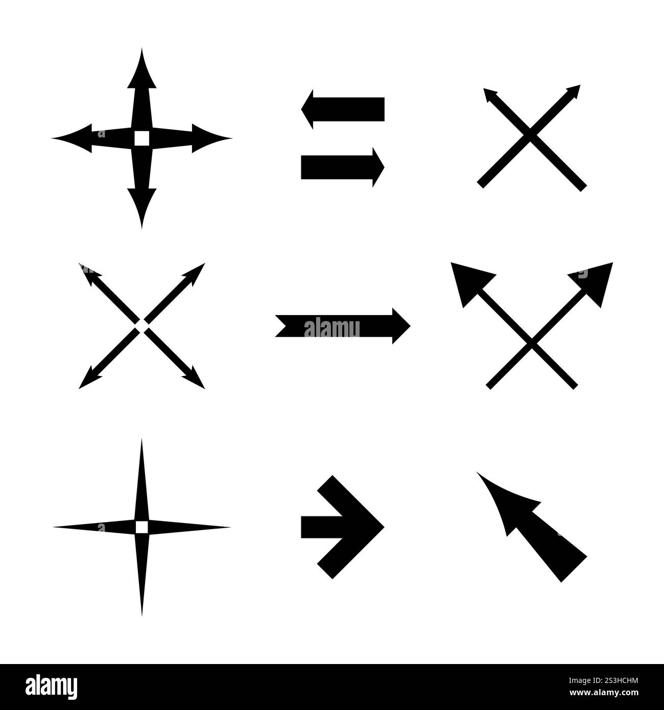 Icona con frecce incrociate. Simboli multidirezionali. Set frecce di navigazione. Vettori neri minimi. Illustrazione Vettoriale