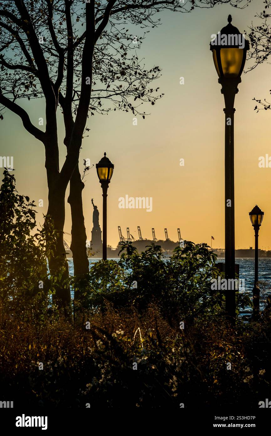 Silhouette serena della Statua della libertà incorniciata da alberi e lampioni durante l'ora d'oro, che unisce natura, architettura e storia iconica in un'unica vista Foto Stock