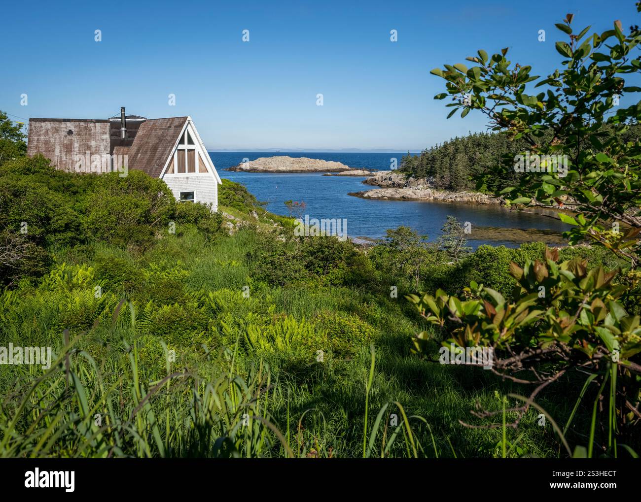 Tranquillo scenario da Duncan's Cove, nuova Scozia, Canada, caratterizzato da una cabina rustica annidata nel verde con splendide vedute costiere dell'Oceano Atlantico Foto Stock