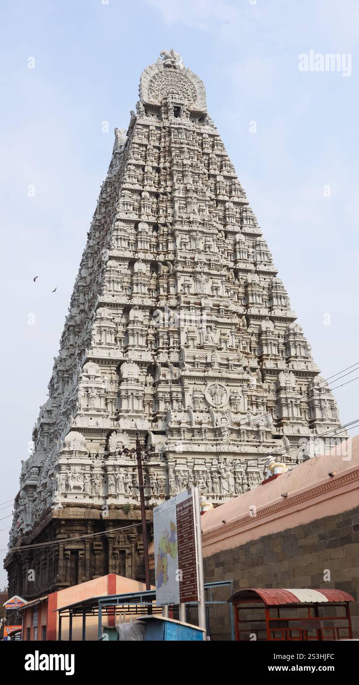 Veduta di Gopuram del Tempio di Arulmigu Annamalaiyar, del Tempio della Dinastia Chola del IX secolo chiamato anche Tempio di Arunachaleshwar, Thiruvannamalai, Tamil Nadu, India. Foto Stock