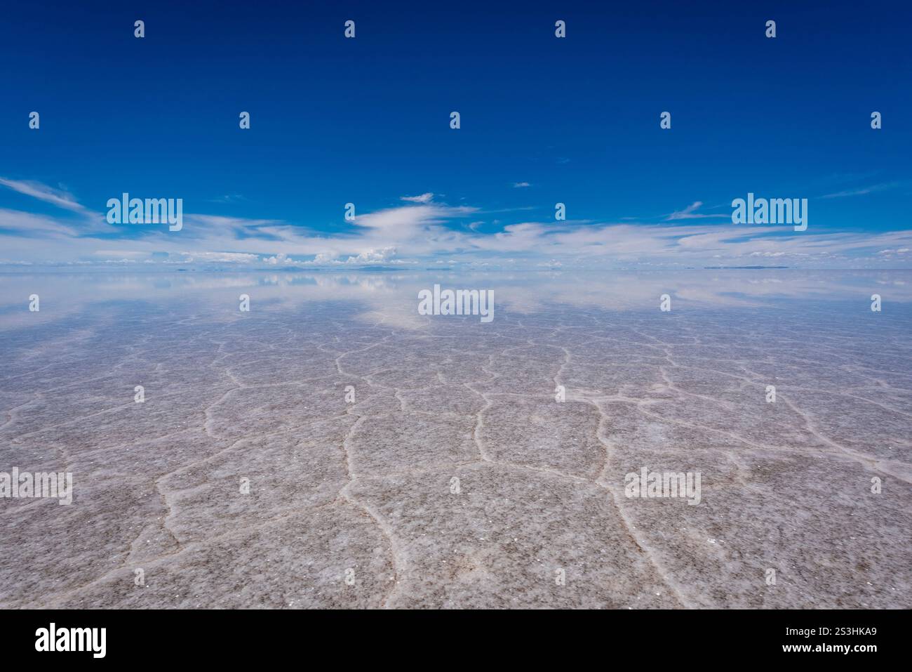 Sale Uyuni ricoperto d'acqua che riflette il cielo Foto Stock