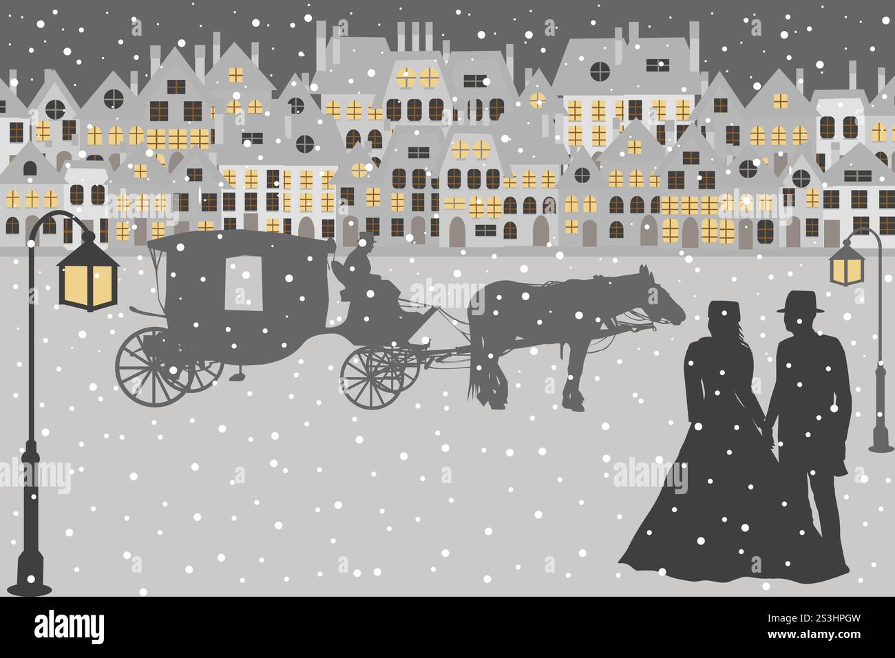 Una storia d'inverno d'epoca con una coppia e una carrozza trainata da cavalli Illustrazione Vettoriale