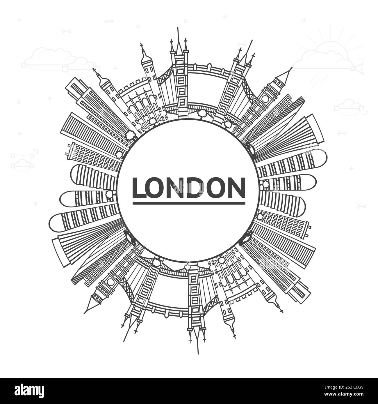 Delinea lo skyline di Londra Inghilterra City con edifici moderni e spazio copia isolato su White. Illustrazione vettoriale. Paesaggio urbano di Londra con monumenti storici. Illustrazione Vettoriale
