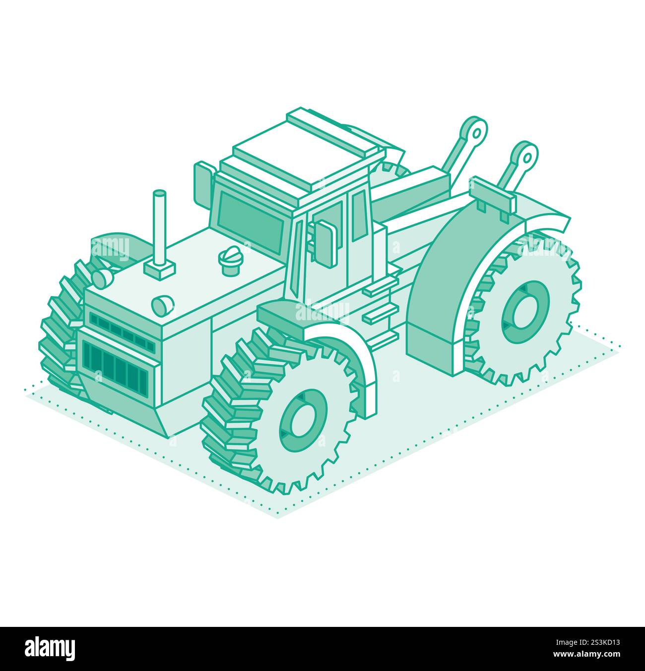 Trattore isometrico isolato su sfondo bianco. Illustrazione vettoriale. Oggetto contorno. Trattore agricolo grande e moderno. Illustrazione Vettoriale