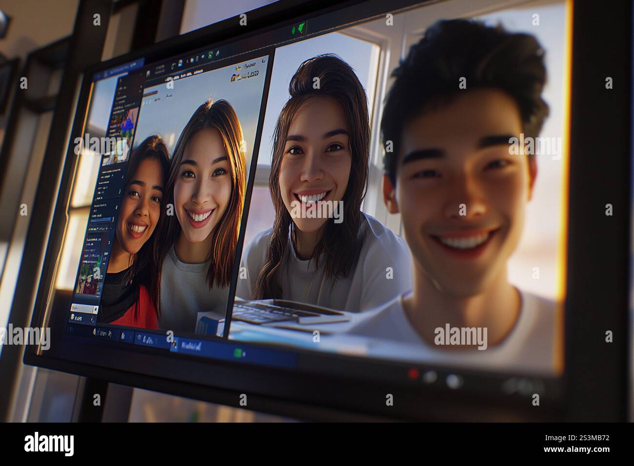 Gli studenti internazionali si connettono e condividono sorrisi durante una videochiamata, costruendo amicizie e scambi culturali. Foto Stock