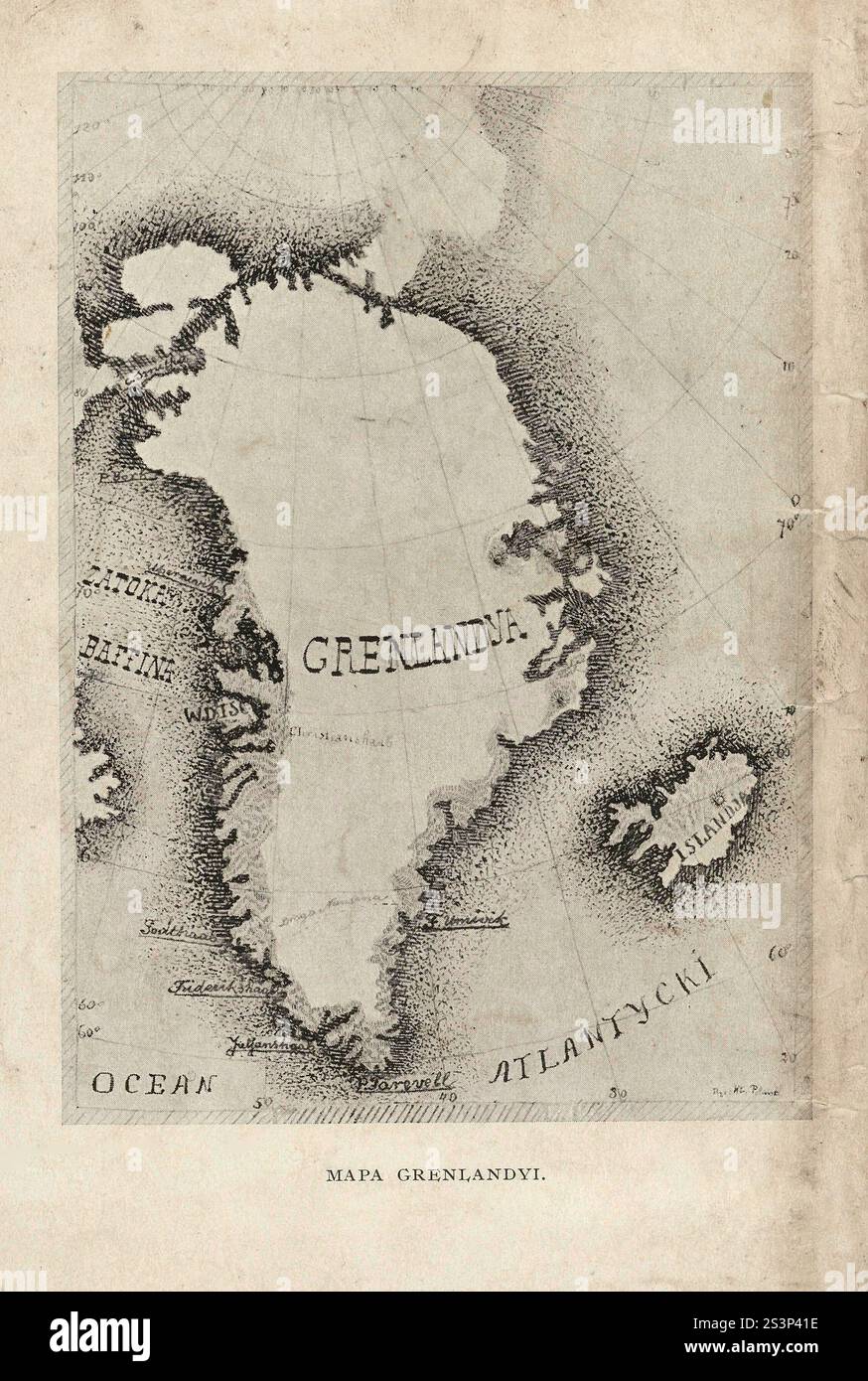 Mappa d'epoca della Groenlandia che mostra il primo attraversamento dell'isola da parte dell'esploratore norvegese Fridtjof Nansen nel 1888 Foto Stock