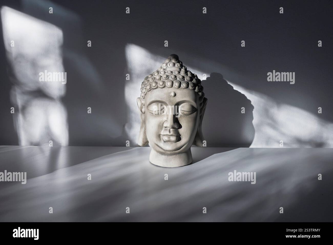 Testa di Buddha sotto i raggi del sole. Concetto di illuminazione e spiritualità. Buddha Shakyamuni Foto Stock