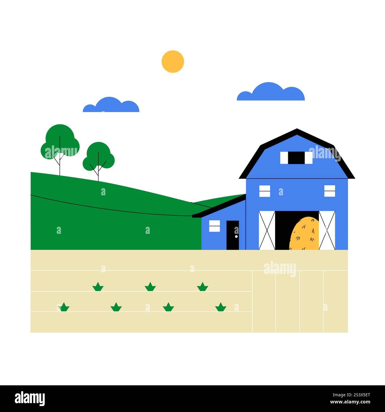 Blue Barn con terreni agricoli e alberi in Flat Vector Illustration che simboleggia Agricoltura, agricoltura e paesaggio rurale, isolato su sfondo bianco Illustrazione Vettoriale