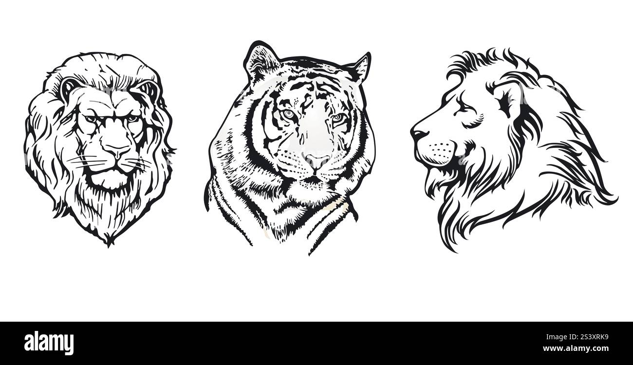 Intaglio teste di leone e tigre, illustrazione Foto Stock