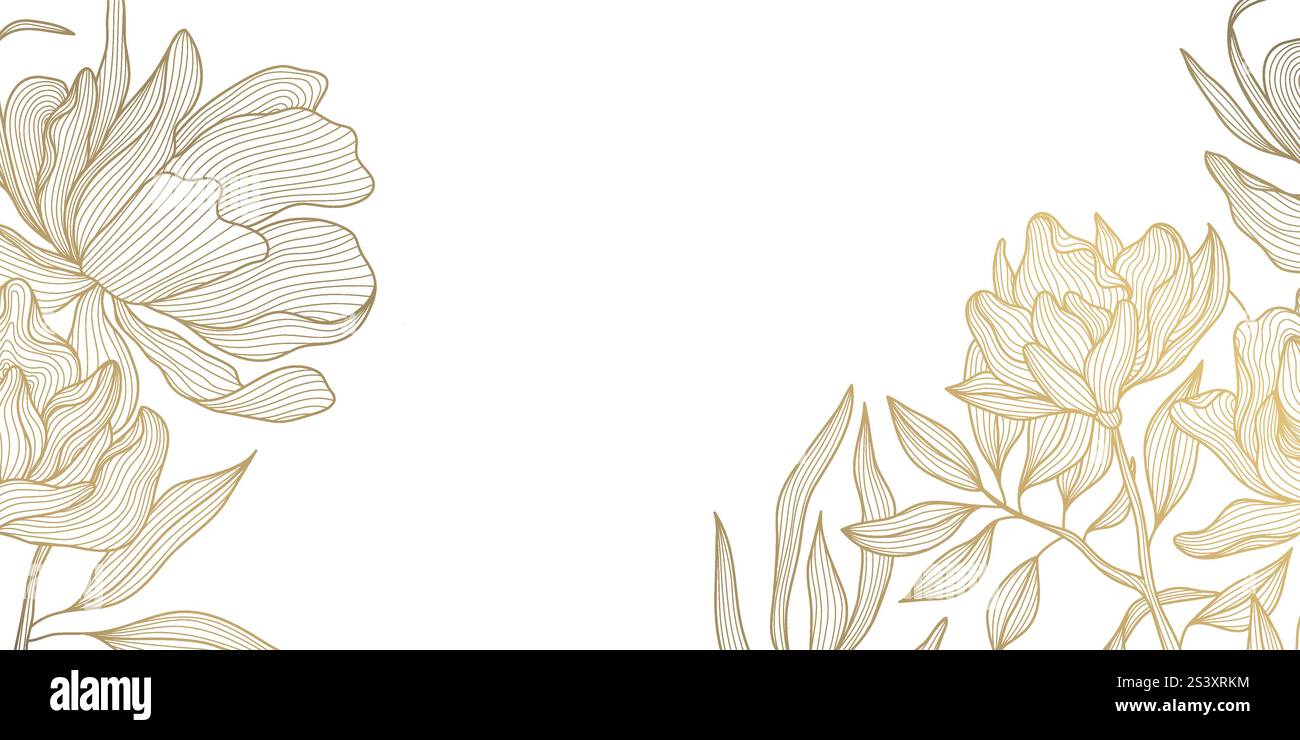 Peonie dorate Vector line art, sfondo di lusso in stile giapponese, elegante cornice di fiori regali, sfondo, invito a nozze, elementi vintage. Illustrazione Vettoriale