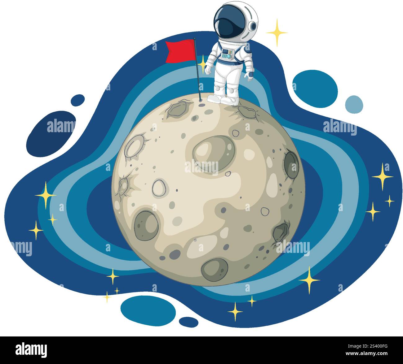 Astronauta con bandiera sulla luna, circondato da stelle Illustrazione Vettoriale Astronauta con bandiera sulla luna, circondato da stelle Illustrazione Vettoriale