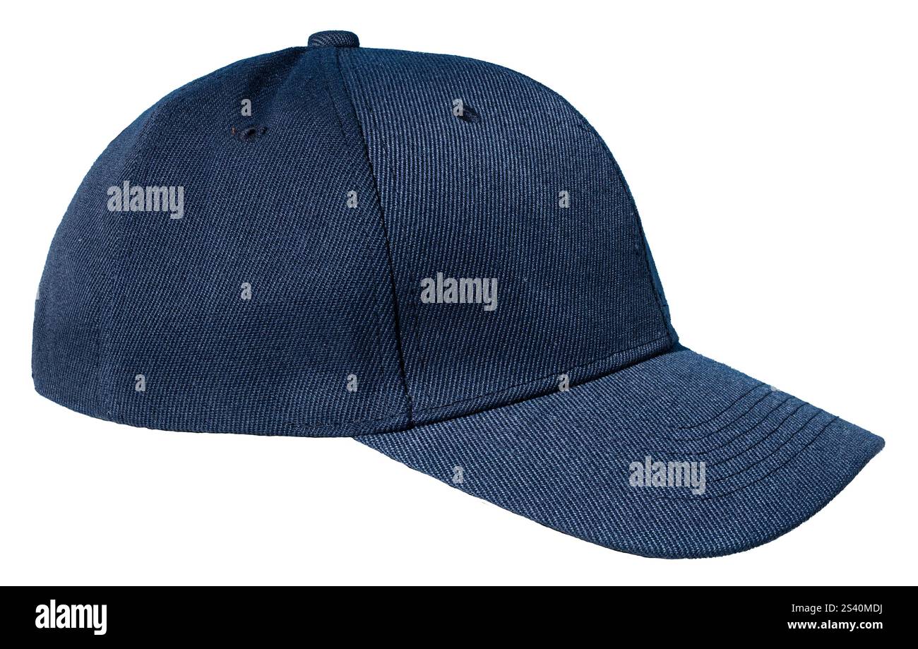 Vista del profilo del cappellino da baseball bianco blu isolato su sfondo bianco. Mascheratura modello Foto Stock