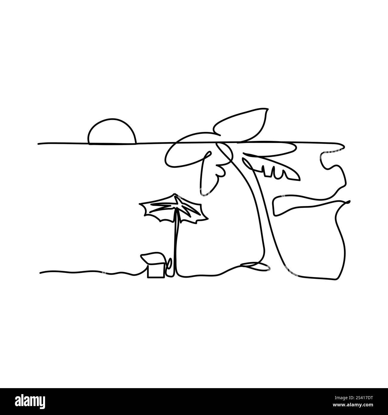 Tramonto con nube sull'oceano mare disegno continuo di una linea Sunrise uno stile lineare di una linea singola, disegno continuo di una linea singola del sole nuvola tramonta Illustrazione Vettoriale