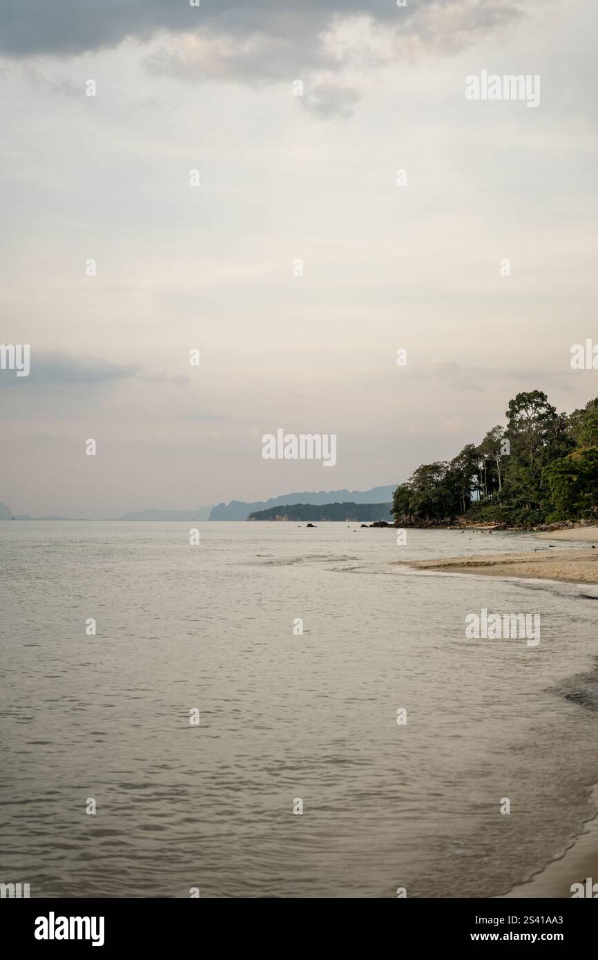 Spiaggia tranquilla con alberi e isole lontane Foto Stock
