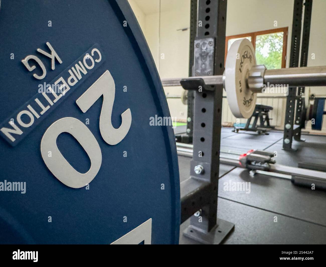 Un primo piano di una piastra di peso blu segnata 20 kg in una palestra vuota durante le prime ore del mattino prima dell'inizio degli allenamenti Foto Stock