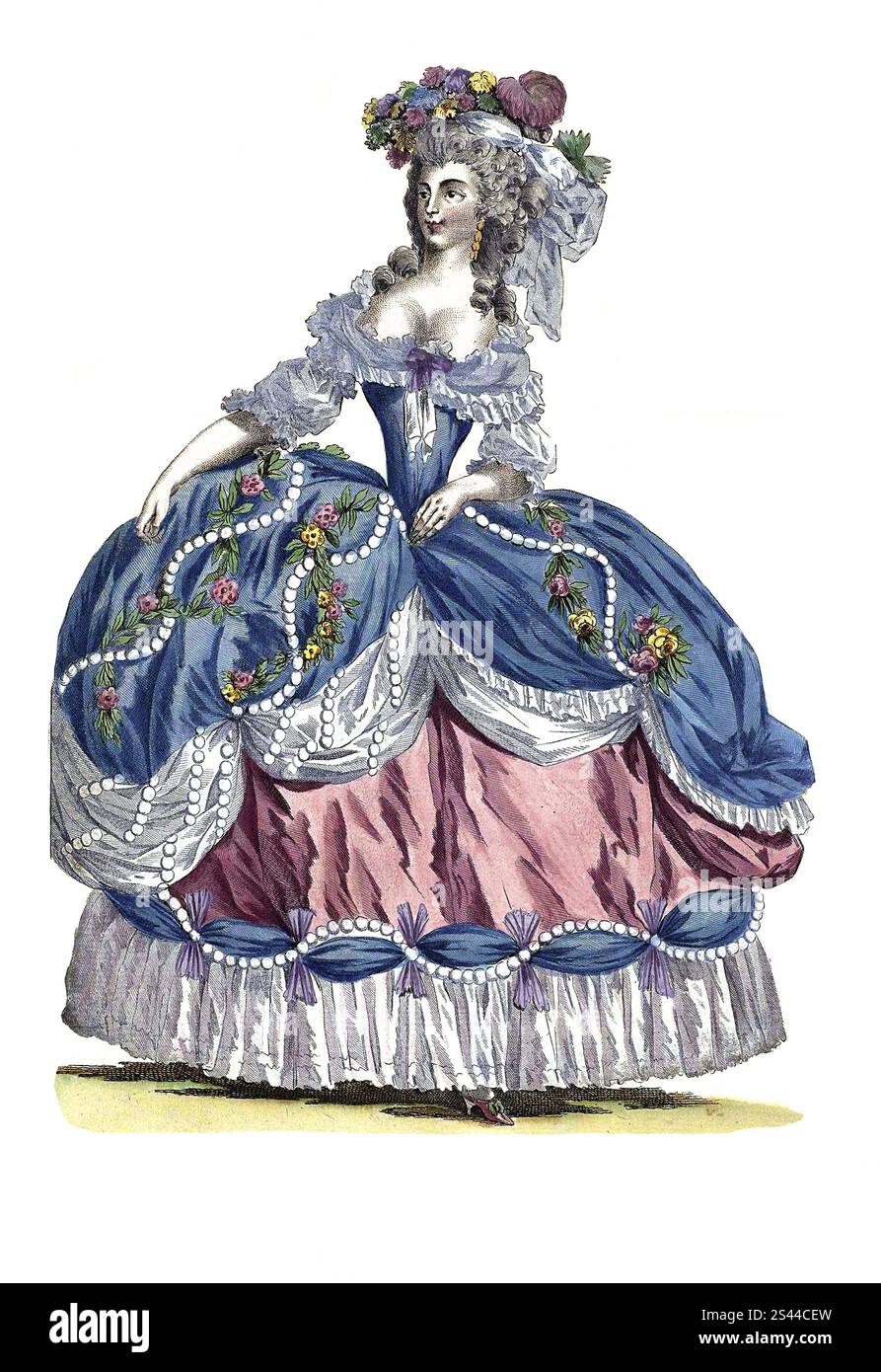 Maria Antonietta, le regine francesi dovevano essere modelli di moda. Come moglie di Luigi XVI, Maria Antonietta si dedicò a questo compito con entusiasmo. Insieme al suo Marchande de Modes Rose Bertin e al suo parrucchiere Léonard, ha portato alla ribalta molte nuove mode. Cappello di corte prescritto Robes de cour - abiti riccamente decorati con gonne larghe, Parigi, 1787, Francia, storia, riproduzione restaurata digitalmente di un modello del XIX secolo, von den französischen Königinnen wurde erwartet, dass sie in Sachen Mode ein Vorbild waren. ALS Ehefrau von Ludwig XVI. Widmete sich Mar Foto Stock Maria Antonietta, le regine francesi dovevano essere modelli di moda. Come moglie di Luigi XVI, Maria Antonietta si dedicò a questo compito con entusiasmo. Insieme al suo Marchande de Modes Rose Bertin e al suo parrucchiere Léonard, ha portato alla ribalta molte nuove mode. Cappello di corte prescritto Robes de cour - abiti riccamente decorati con gonne larghe, Parigi, 1787, Francia, storia, riproduzione restaurata digitalmente di un modello del XIX secolo, von den französischen Königinnen wurde erwartet, dass sie in Sachen Mode ein Vorbild waren. ALS Ehefrau von Ludwig XVI. Widmete sich Mar Foto Stock