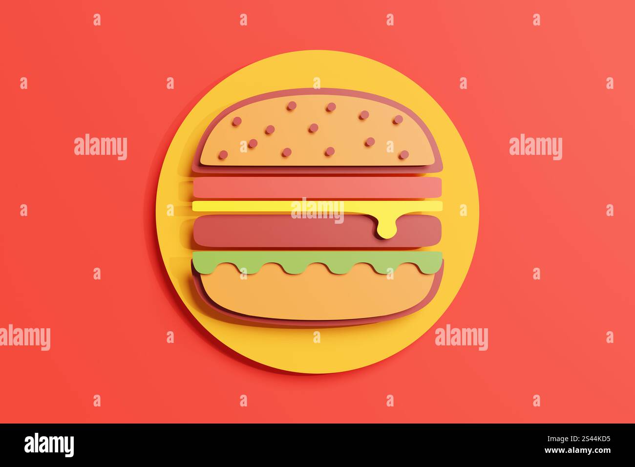 Carta colorata che taglia hamburger art su sfondo rosso. Illustrazione del concetto di industria della consegna di fast food, cibo spazzatura e servizi di catering Foto Stock