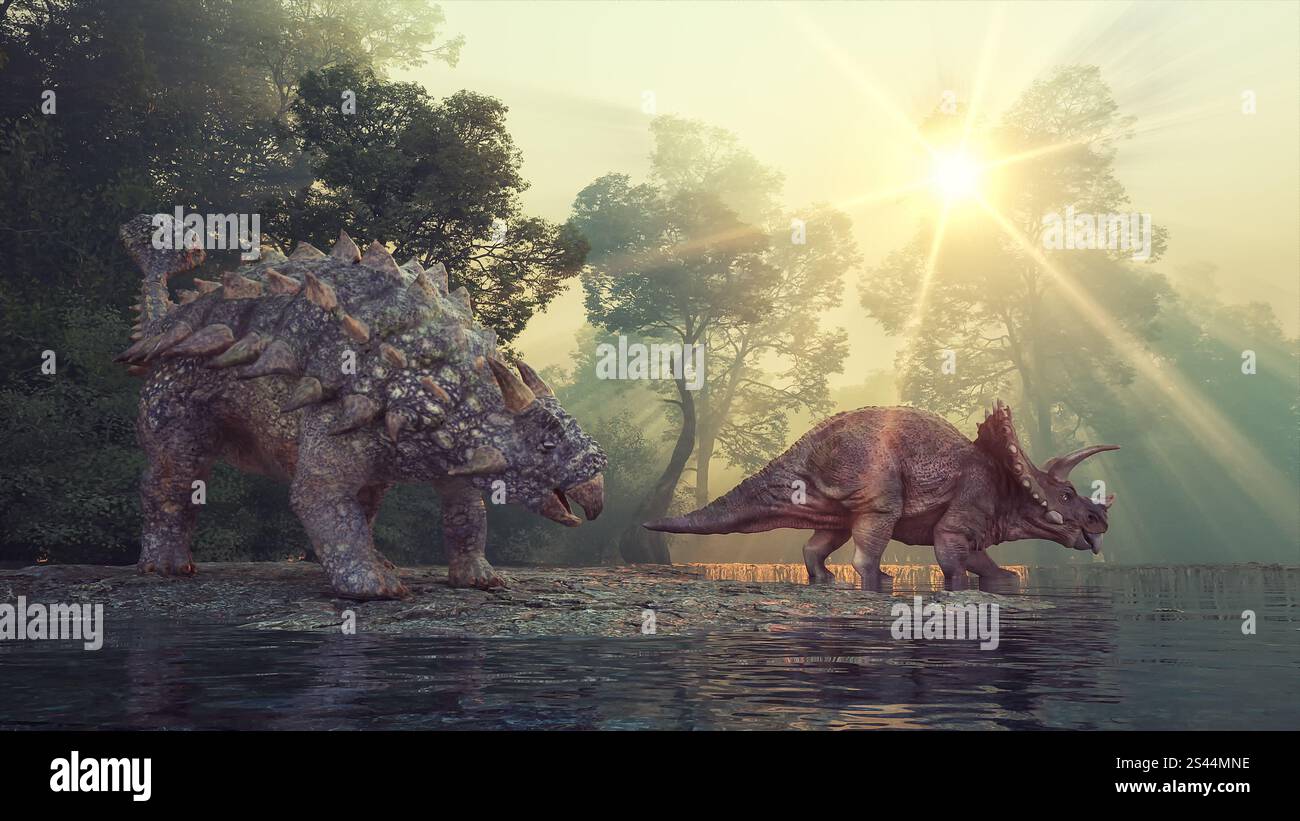 Ankylosaurus e Triceratops nella valle al lago. Questa è un'illustrazione di rendering 3D. Foto Stock