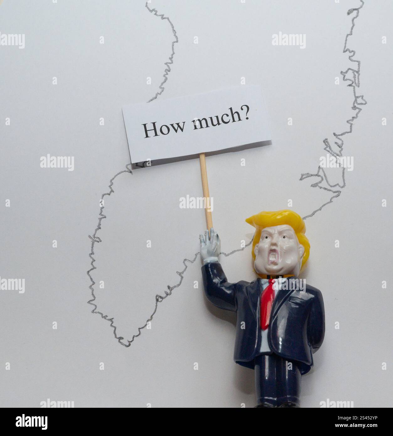 Trump bambola chiede quanto per la Groenlandia, Danimarca, 10 gennaio 2025 Foto Stock