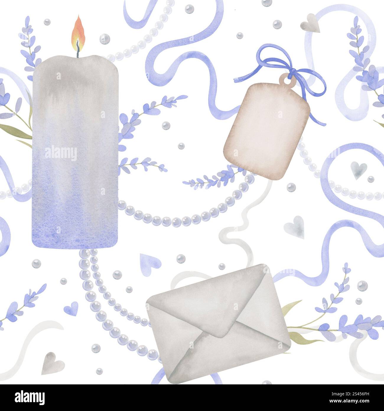 Motivo acquerello senza cuciture per San Valentino. Illustrazione disegnata a mano con candela, busta, etichetta regalo, lavanda, corde di perle e nastri. Disattivato Foto Stock