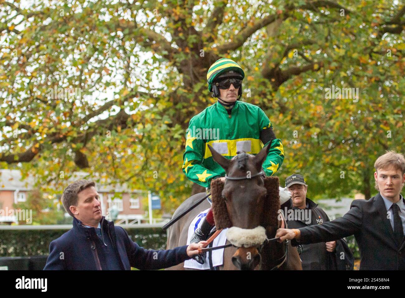 Ascot, Berkshire, Regno Unito. 2 novembre 2024. LE PROFONDITÀ NASCOSTE guidate dal fantino Sam Twiston-Davies si dirigono verso l'ippodromo per il Sodexo Live! Gold Cup handicap Steeple Chase (Classe 1) (Premier handicap) (GBB Race) al Fireworks Spectacular Family Raceday all'Ascot Racecourse, Berkshire. Crediti: Maureen McLean/Alamy Foto Stock