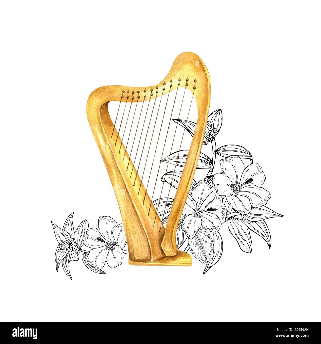 Arpa celtica irlandese in legno con motivo ad acquerello su fiori tropicali monocromatici, foglie illustrative. Strumenti musicali a corde tra fogliame Foto Stock