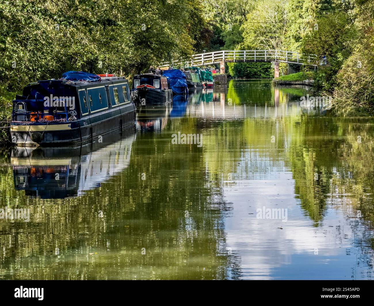 Case galleggianti lungo il canale Kennet e Avon vicino a Hungerford nel Berkshire. Foto Stock