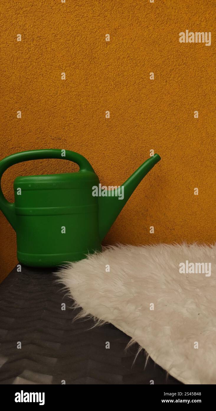 La lattina di plastica verde si appoggia su un tappeto di pelliccia bianca su sfondo giallo, in attesa di essere utilizzata per il giardinaggio Foto Stock
