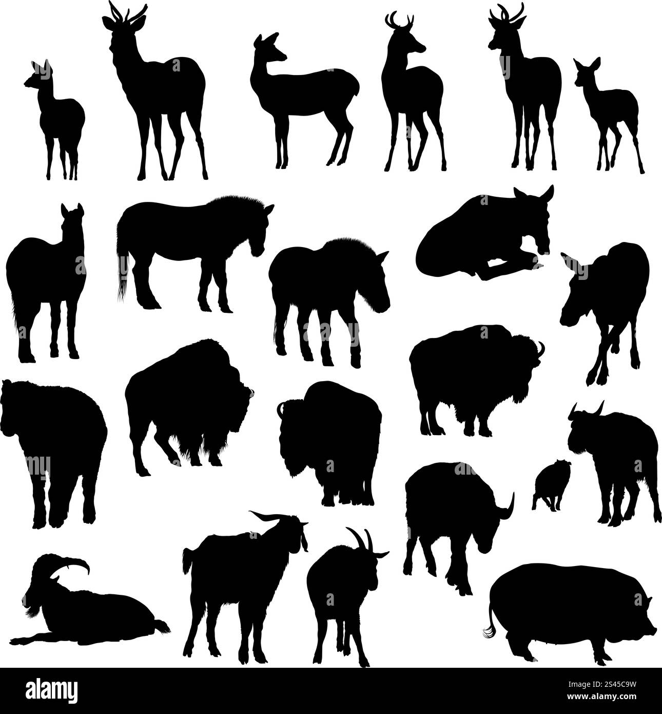 Set di cervi, cavalli, capre, yak, bufali e silhouette di maiale. Illustrazione Vettoriale. Illustrazione Vettoriale