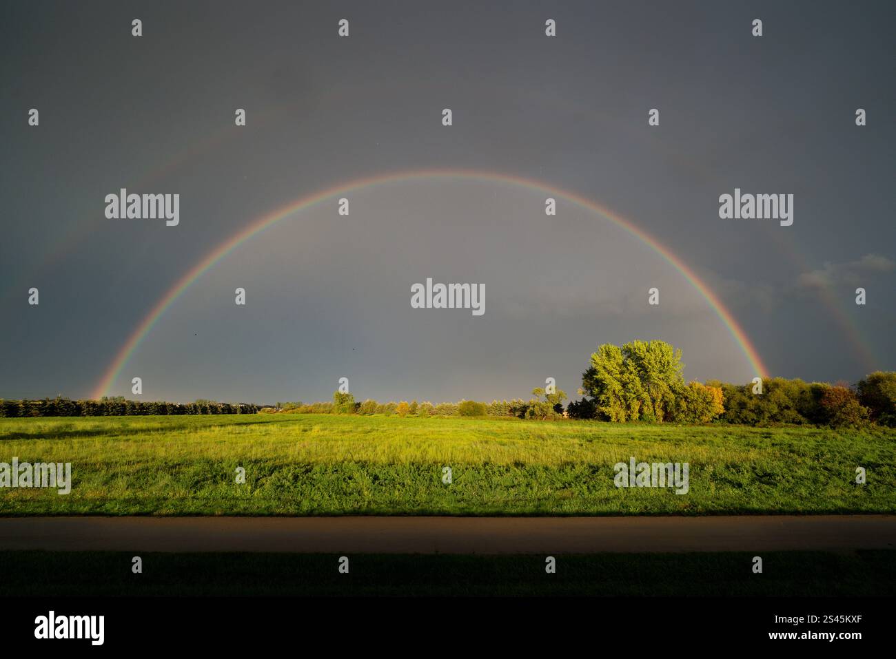 Un arcobaleno contro un cielo scuro a sud di Winkler, Manitoba, Canada. Foto Stock