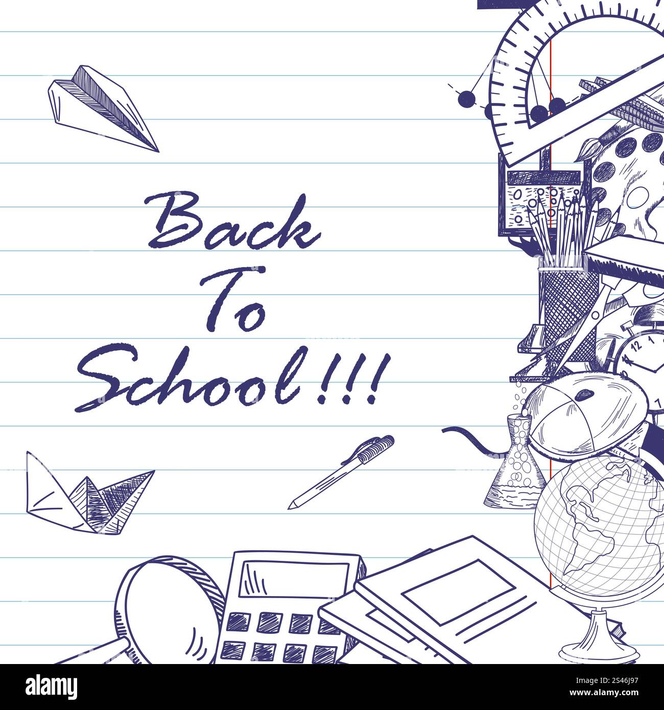 Simboli didattici Doodle e titolo Back to School. Illustrazione Vettoriale