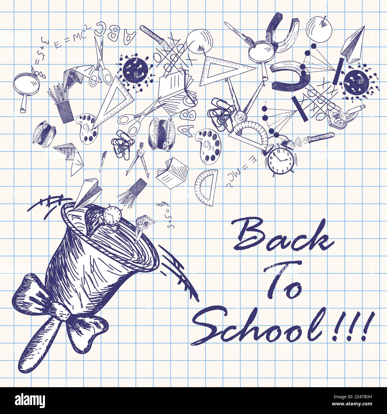 Campanello della scuola con i simboli didattici in volo e il titolo di ritorno alla scuola. Illustrazione Vettoriale