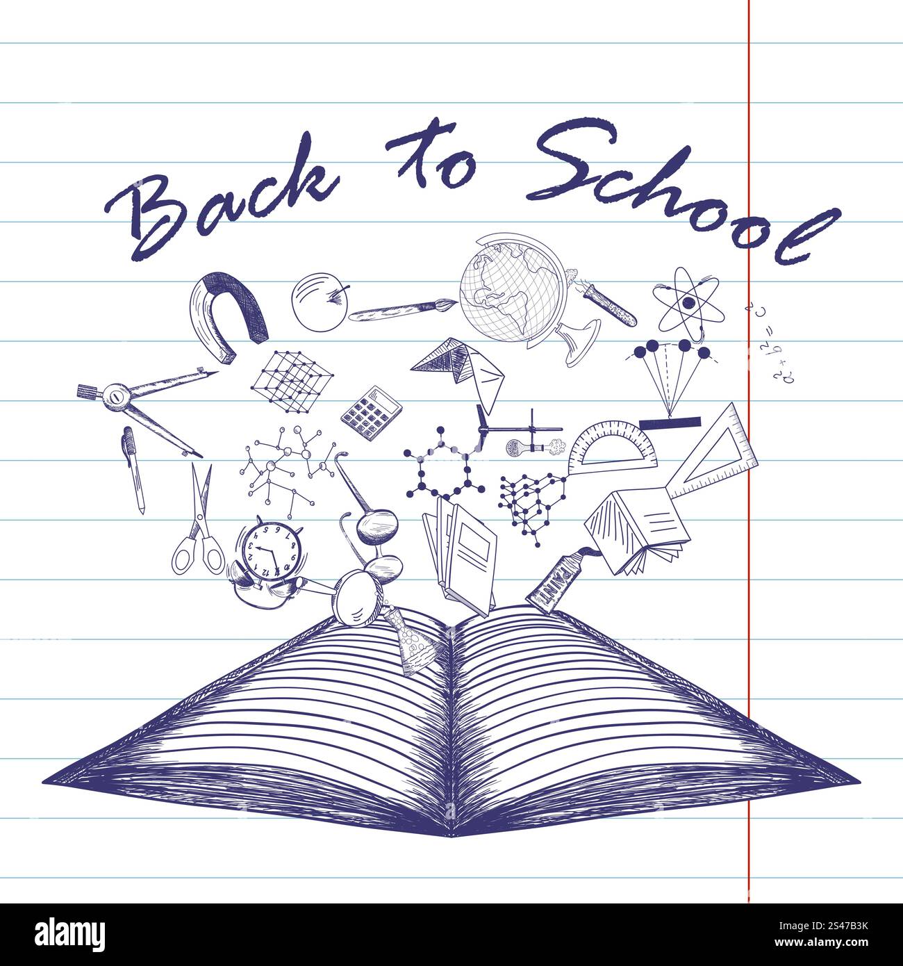 Doodle ha disegnato un quaderno aperto con i simboli didattici volanti e il titolo Back to School. Illustrazione Vettoriale