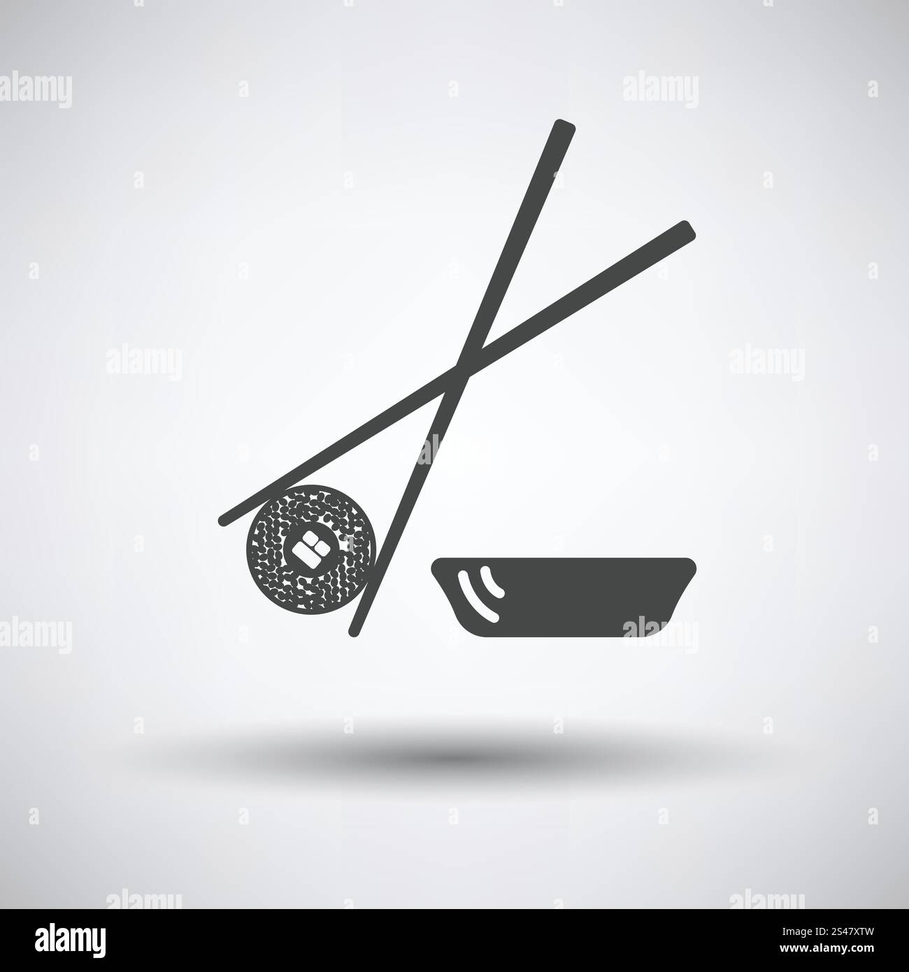 Icona del sushi con bastoncini. Sushi con icona bastoncini su sfondo grigio con ombra rotonda. Illustrazione vettoriale. Illustrazione Vettoriale
