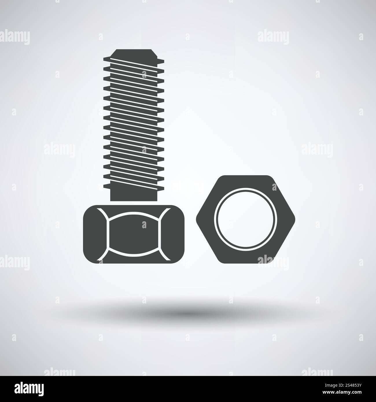 Icona del bullone e il dado su sfondo grigio con round ombra. Illustrazione Vettoriale. Illustrazione Vettoriale