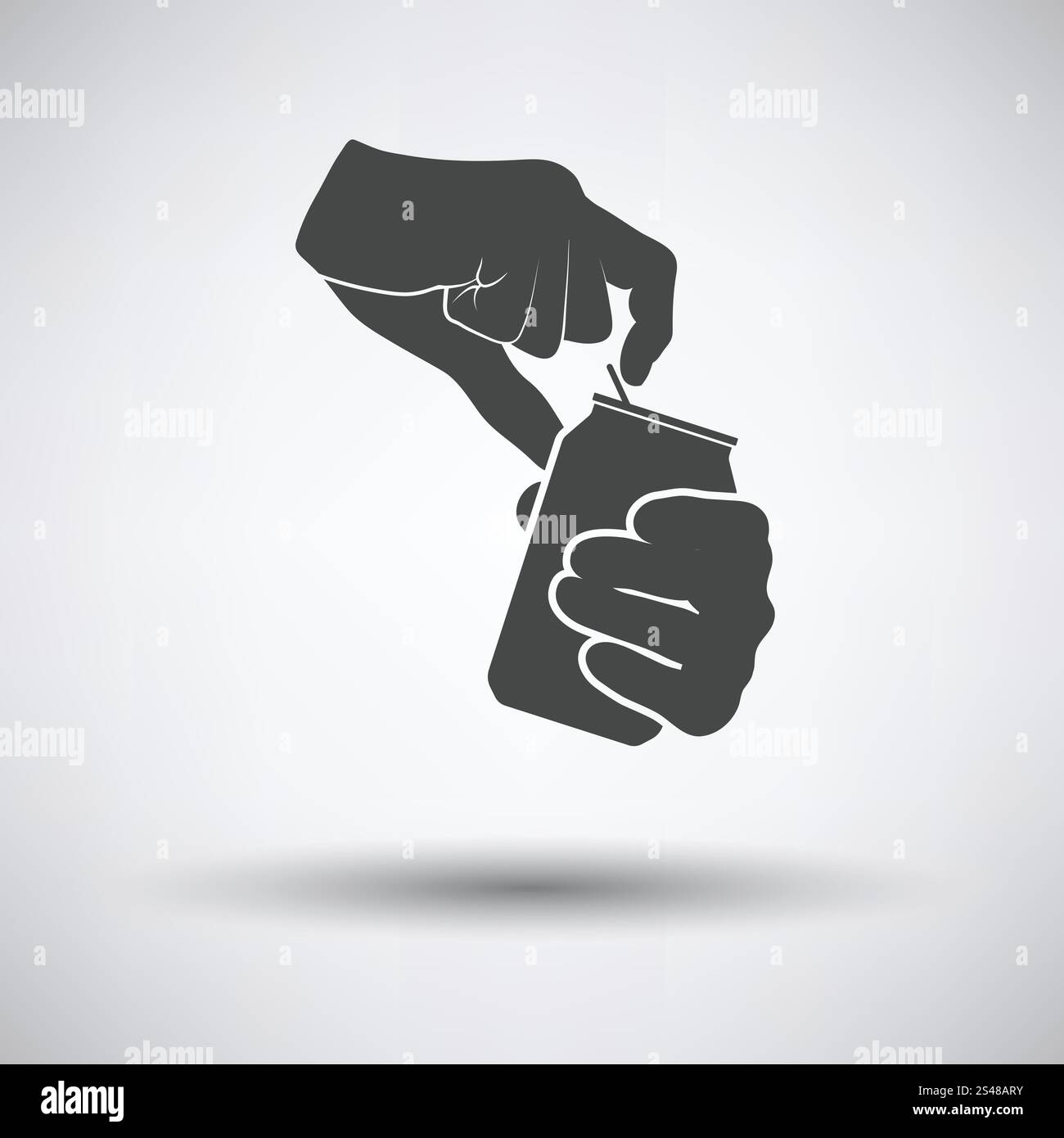 Le mani umane apertura di alluminio può icona su sfondo grigio, round ombra. Illustrazione Vettoriale. Illustrazione Vettoriale